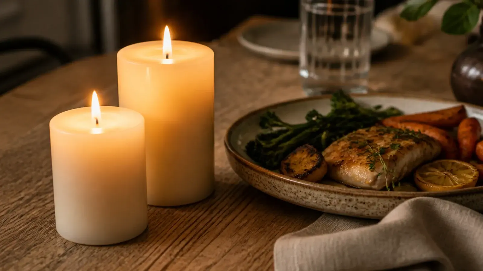 plain unscented ivory pillars beside a served plate on a dining table
