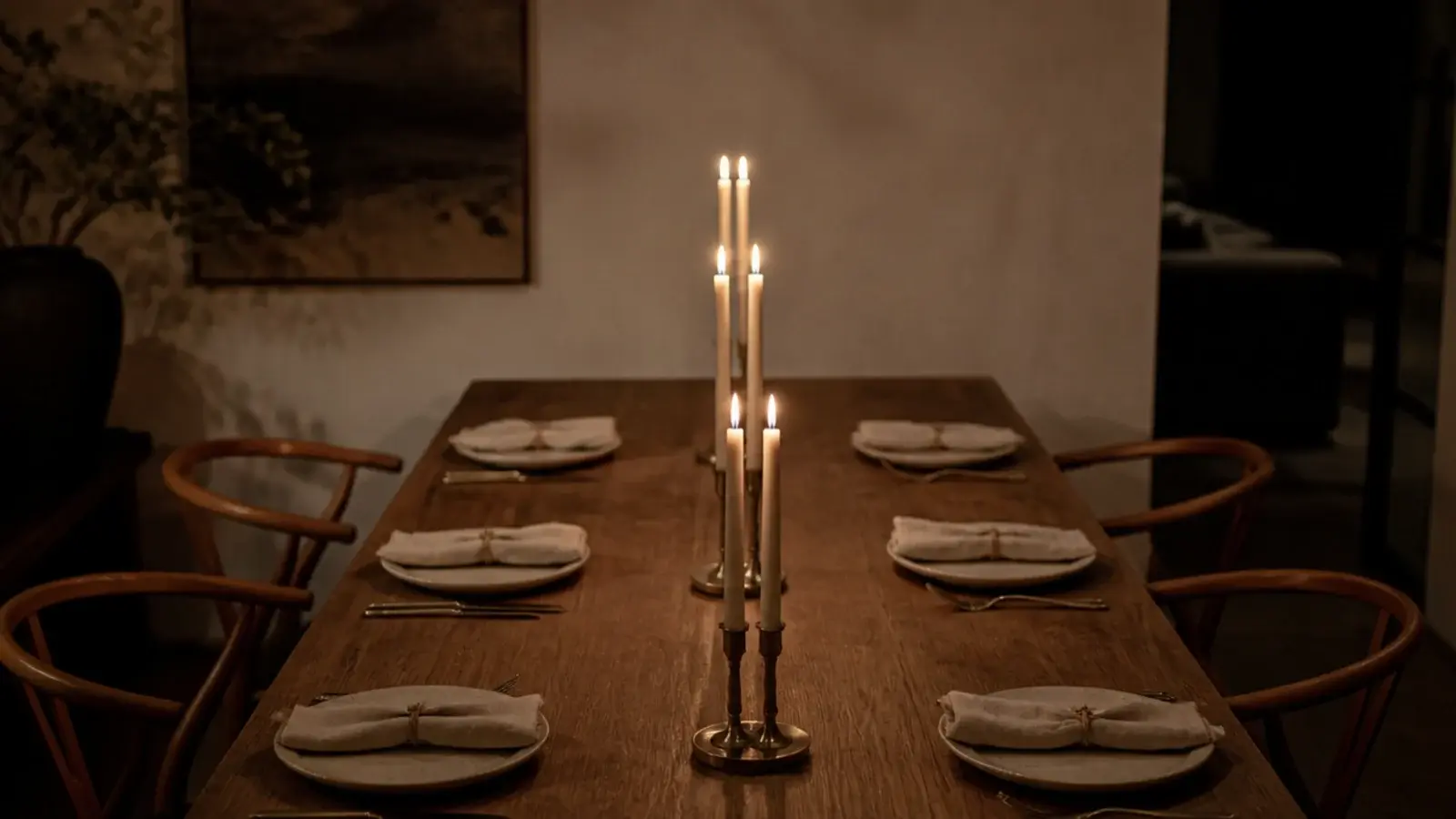 pairs of ivory tapers in brass holders spaced along a long dining table