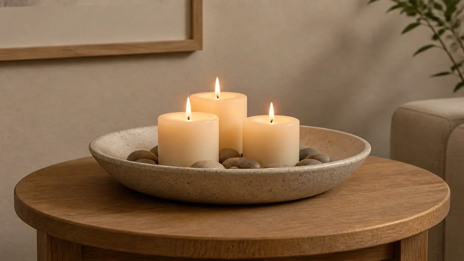 shallow stoneware bowl holding three short pillar candles on a round table