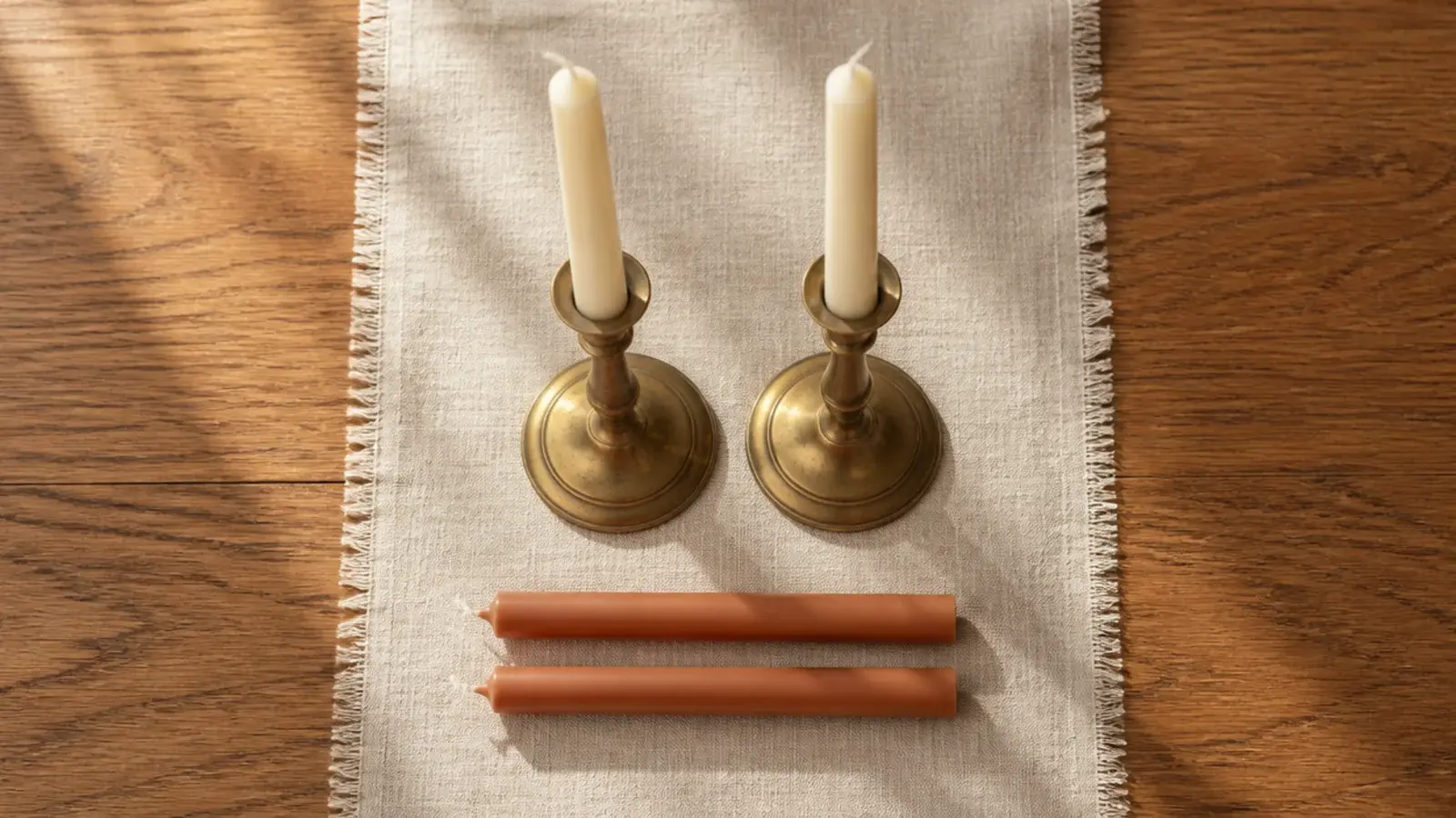 cream and terracotta tapers laid beside the same brass holders