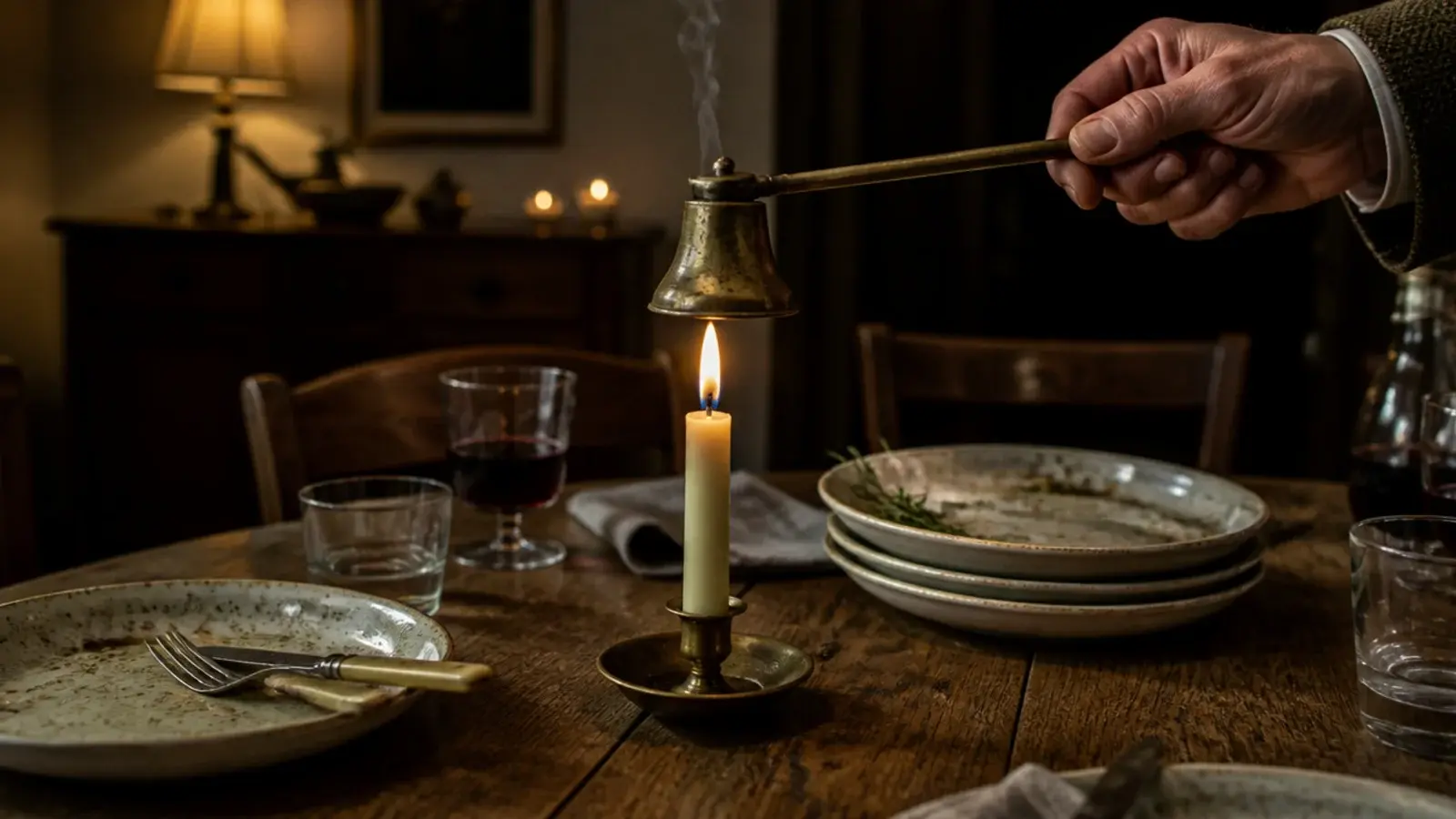 brass snuffer extinguishing a table candle at the end of a meal