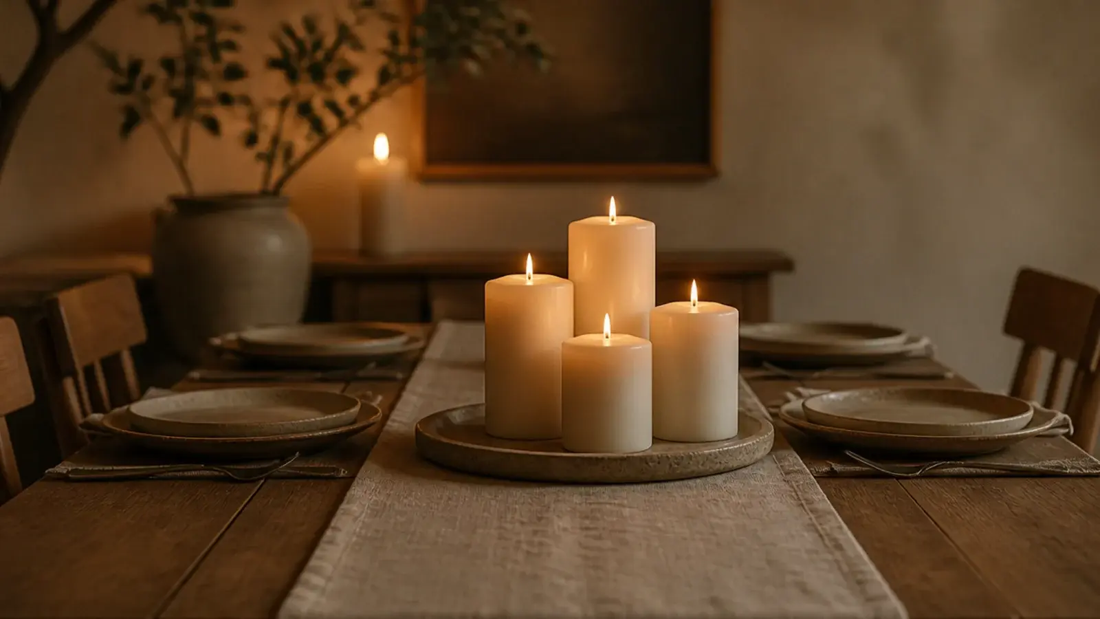 low candle centerpiece glowing along a linen runner on a dining table