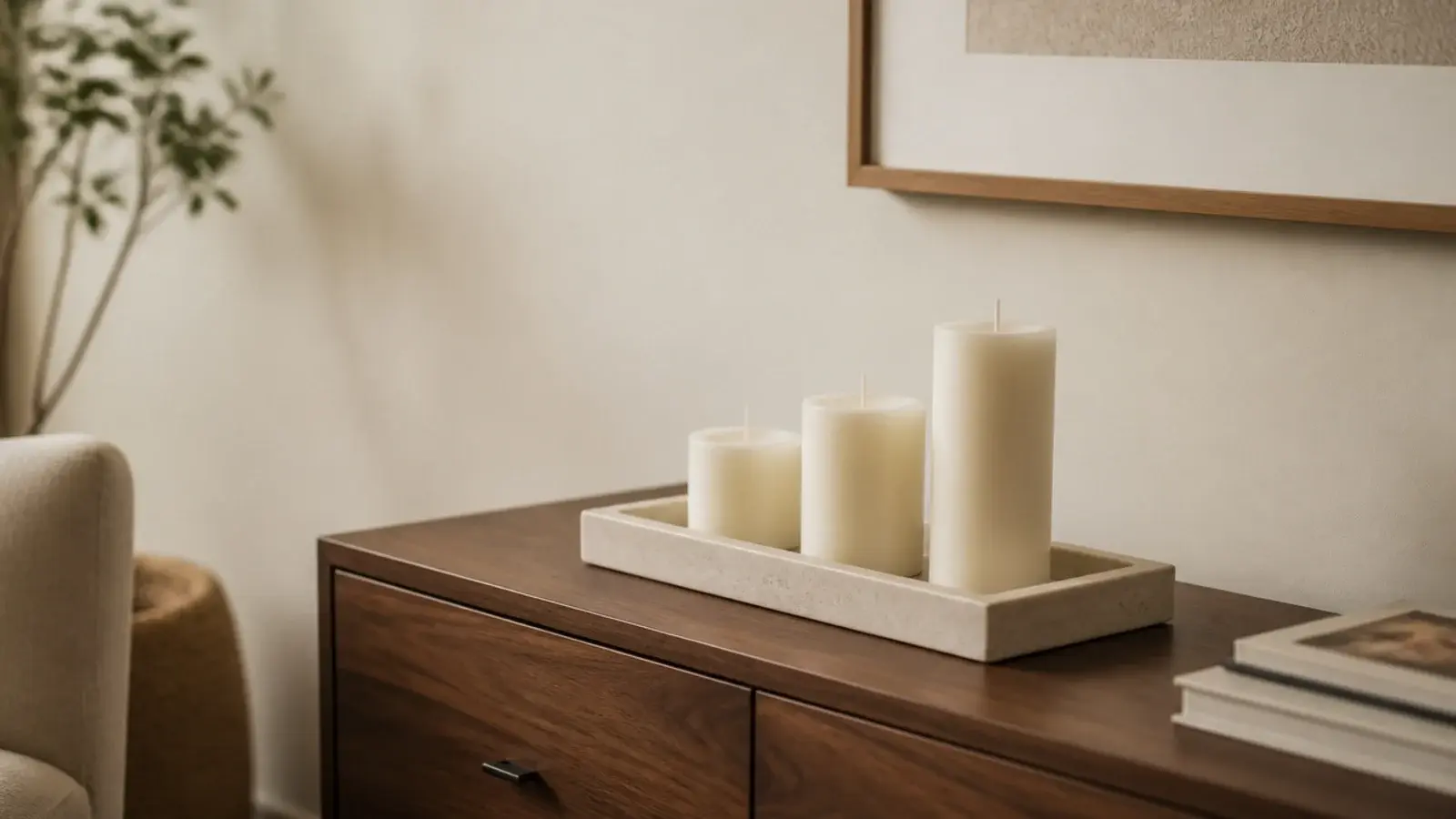 candle corner before and after showing a cluttered surface restyled calmly