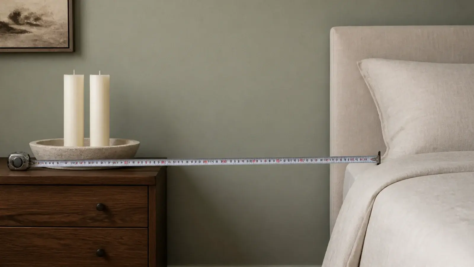 tape measure showing the gap between a candle tray and linen bedding