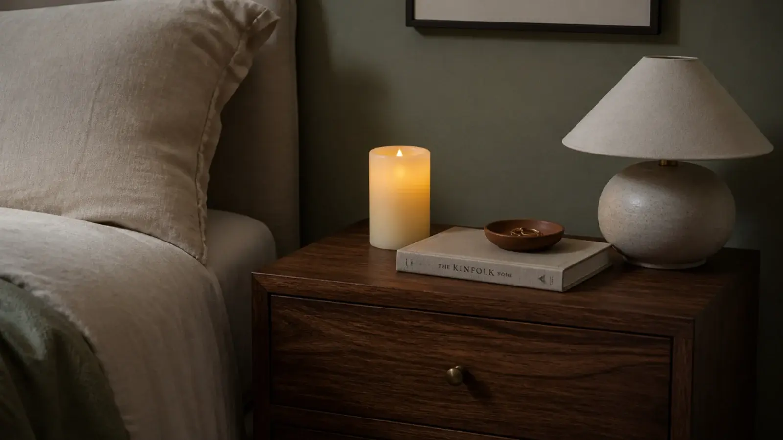 flameless wax candle glowing on a nightstand beside a book and lamp