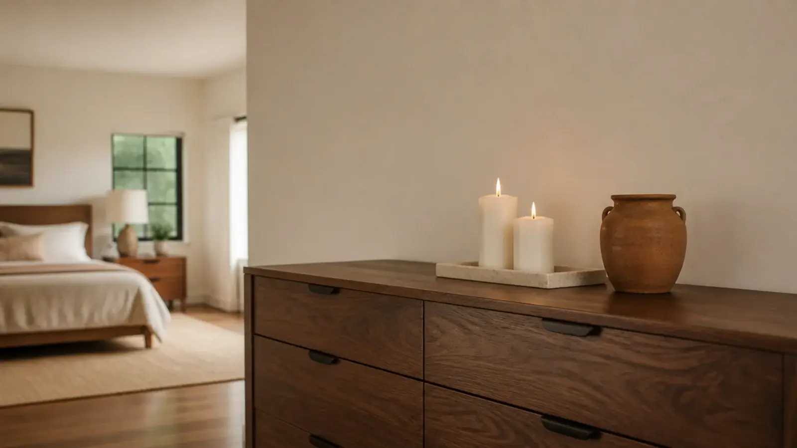 two lit pillar candles on a stone tray on a bedroom dresser