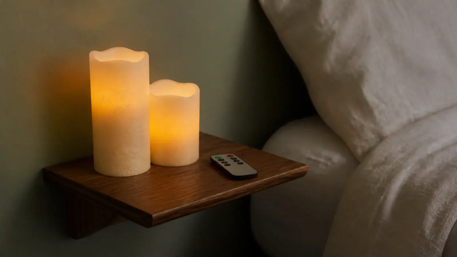 flameless pillar candles with a visible timer glowing on a bedside shelf