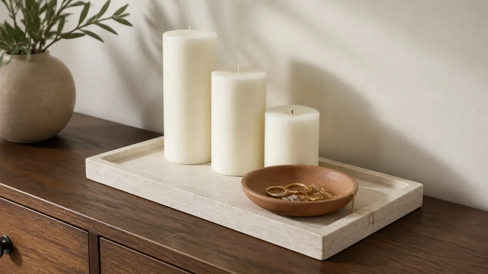 stone tray with three candles at stepped heights on a bedroom dresser