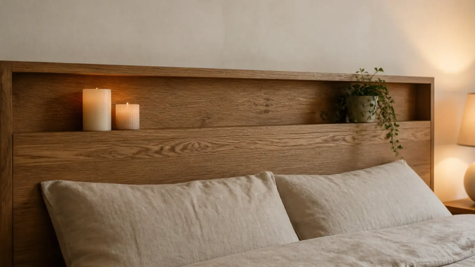 flameless candles standing on a wooden headboard ledge above pillows
