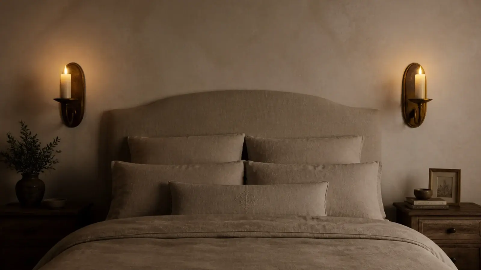 brass wall sconces holding flameless pillars either side of a bed