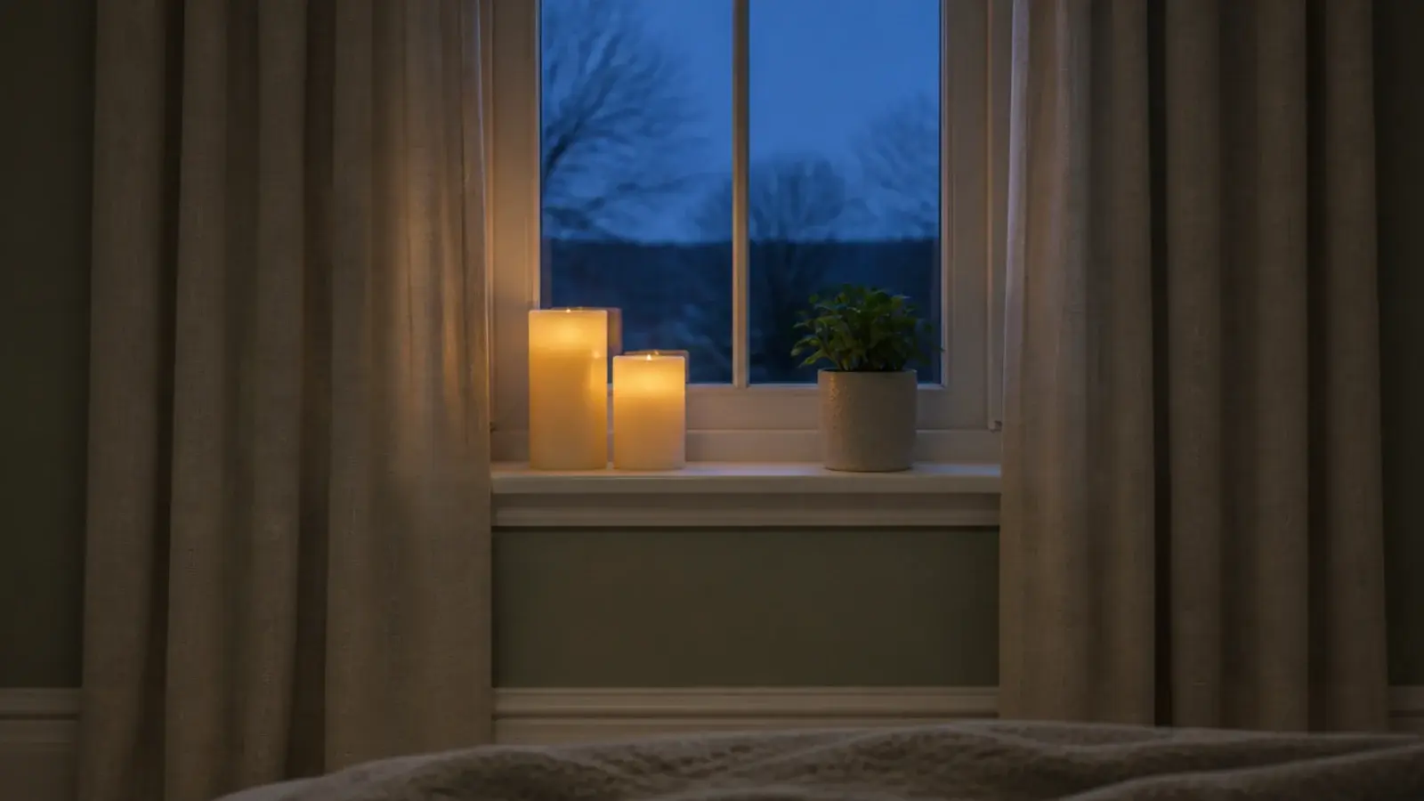 flameless candles on a bedroom windowsill beside long linen curtains