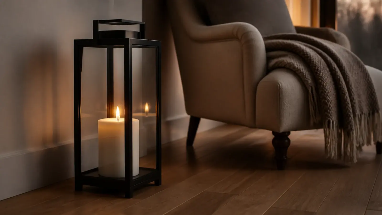 metal floor lantern glowing beside a bedroom armchair on bare boards