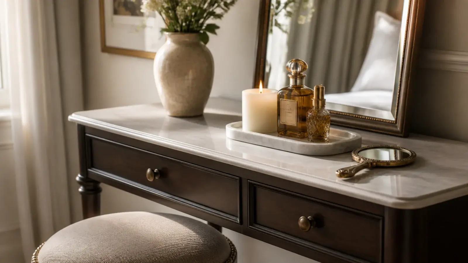 candle on a marble tray beside perfume bottles on a bedroom vanity