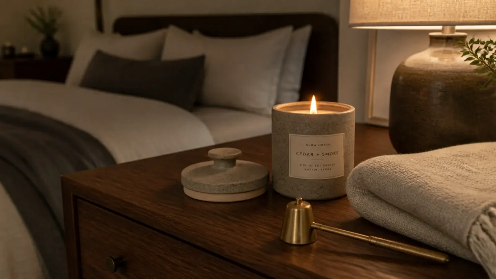 scented jar candle burning on a dresser during an evening wind down