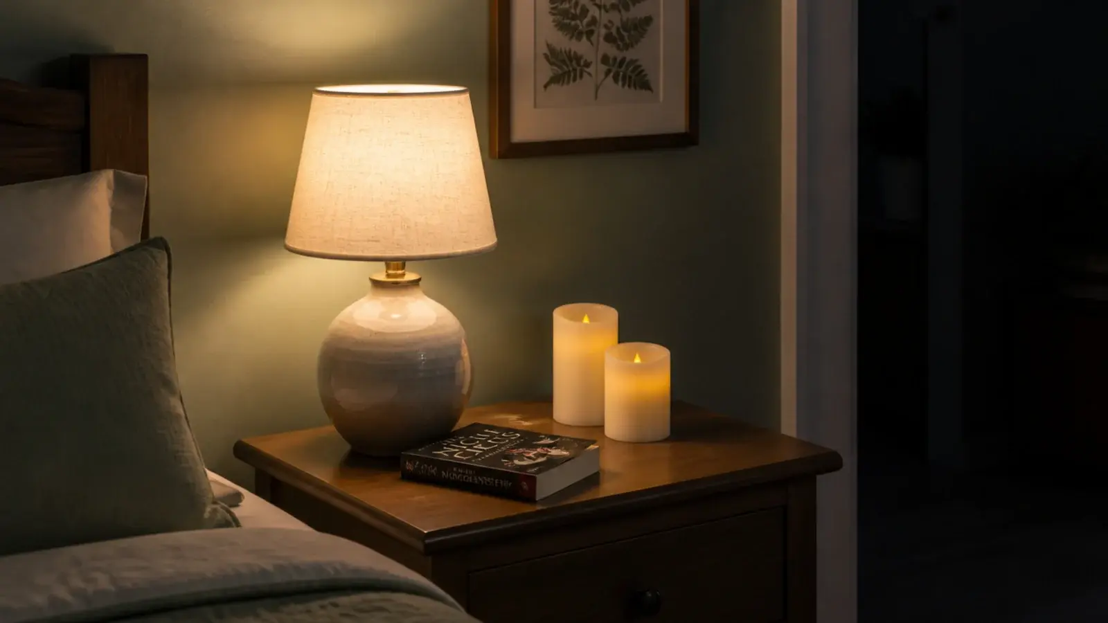 warm bedside lamp glowing next to flameless candles on a nightstand