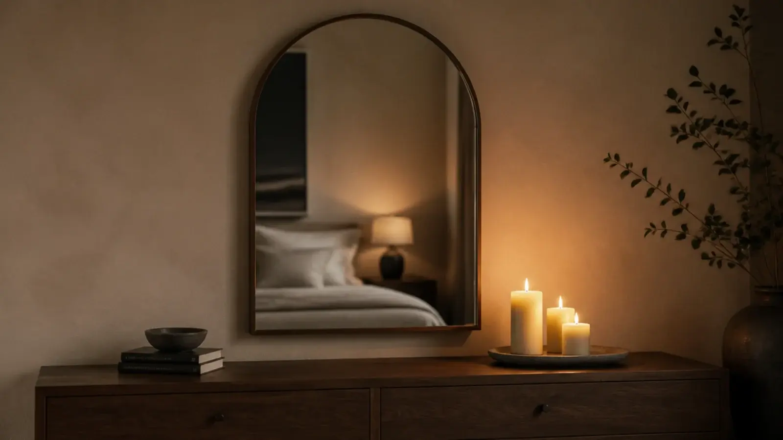 candle glow reflected in a large mirror above a bedroom dresser