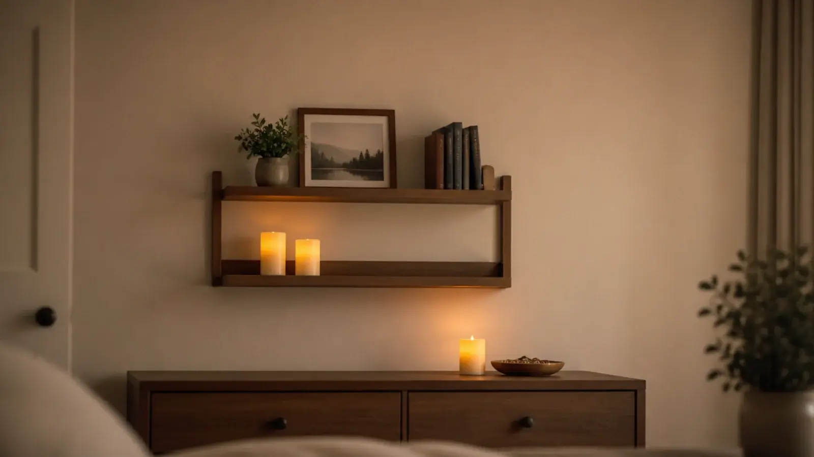 candles on the top of a bedroom shelf with clear air above them