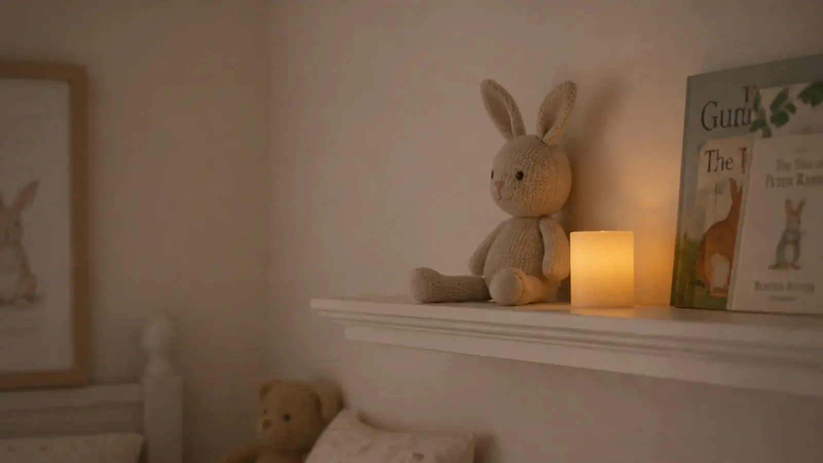 flameless candle glowing softly on a high shelf in a childs room