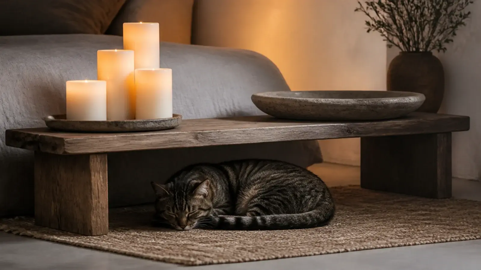 flameless candles on a low bedroom console with a cat resting nearby