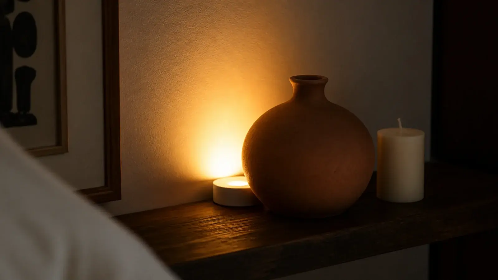 warm puck light hidden behind pottery casting glow up a bedroom wall