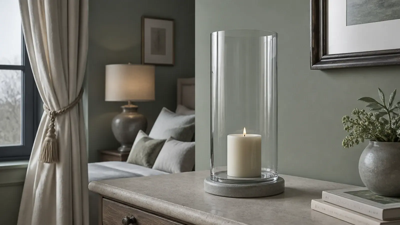 hurricane glass sheltering a candle on a console near a bedroom window