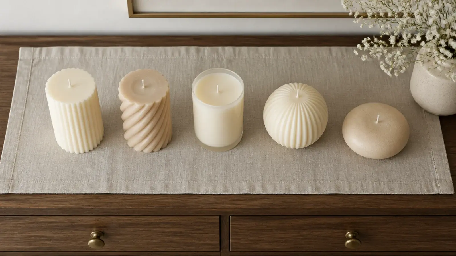 cream ivory and sand candles grouped in different shapes on a dresser
