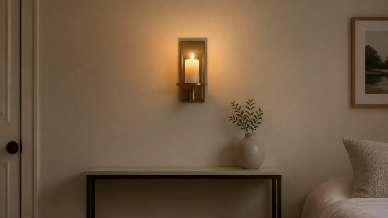 adhesive mounted sconce with a flameless candle on a rental bedroom wall