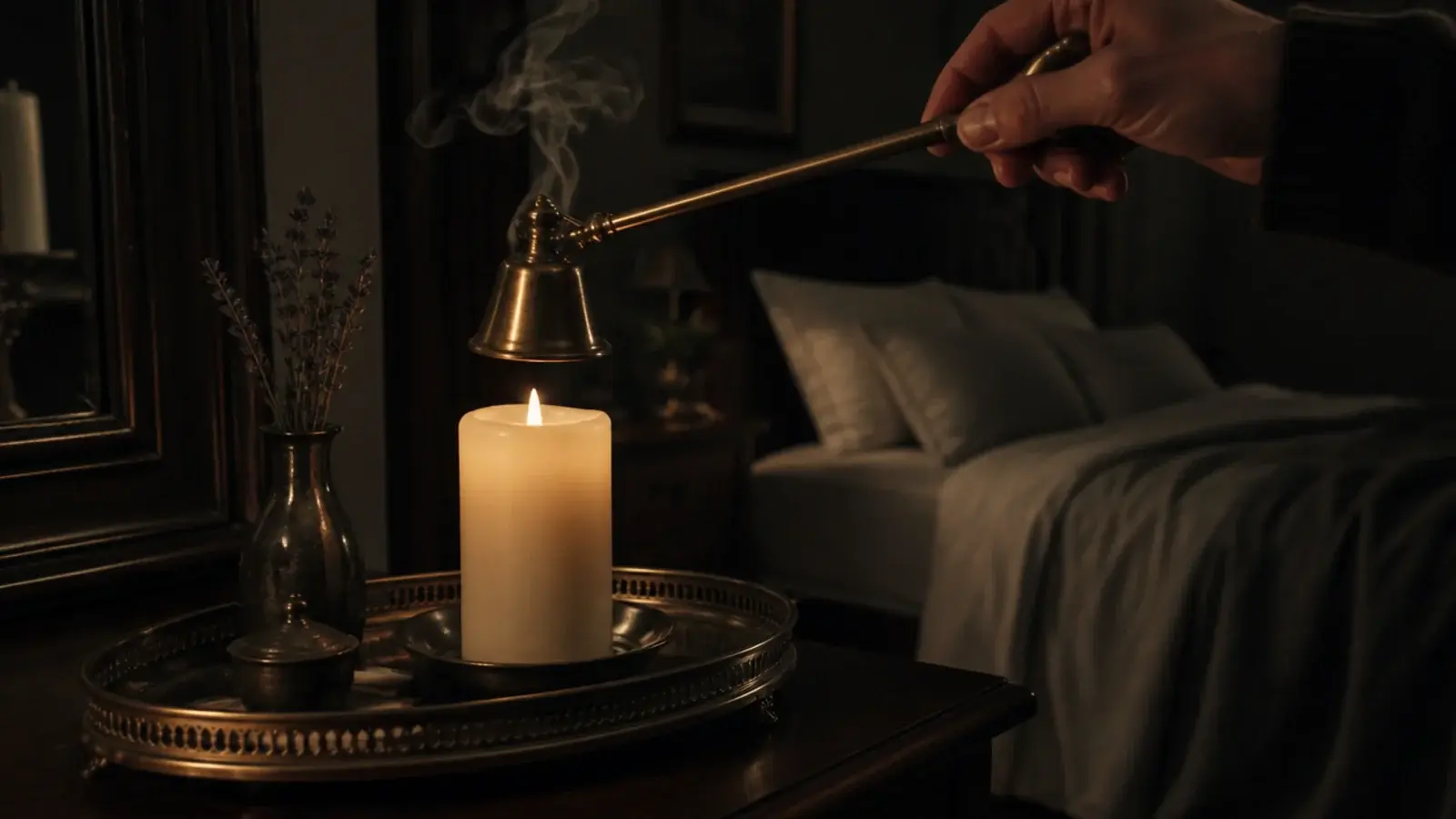 brass snuffer extinguishing the last bedroom candle before bed