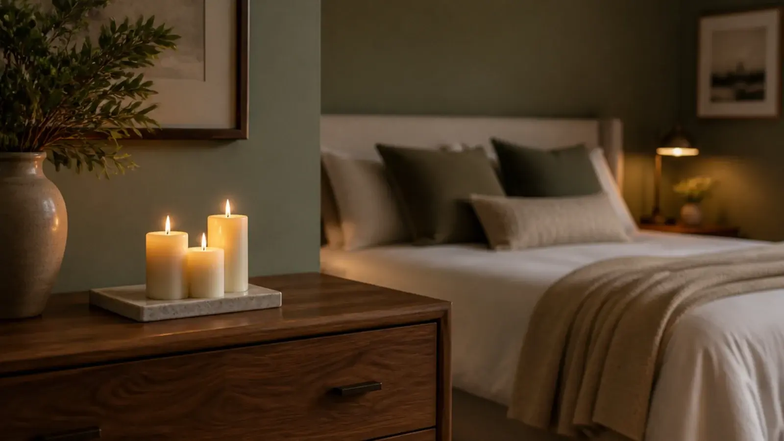 bedroom dresser styled with glowing candles a tray and linen bedding beyond