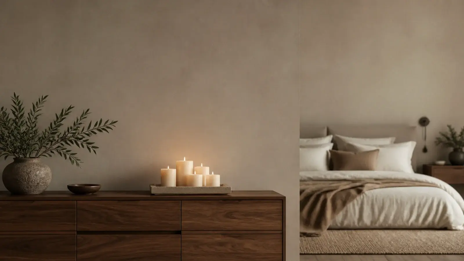 vertical bedroom view with candle glow on a dresser and linen bed