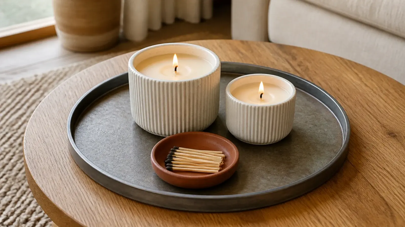 round metal tray anchoring two vessel candles and a small clay dish