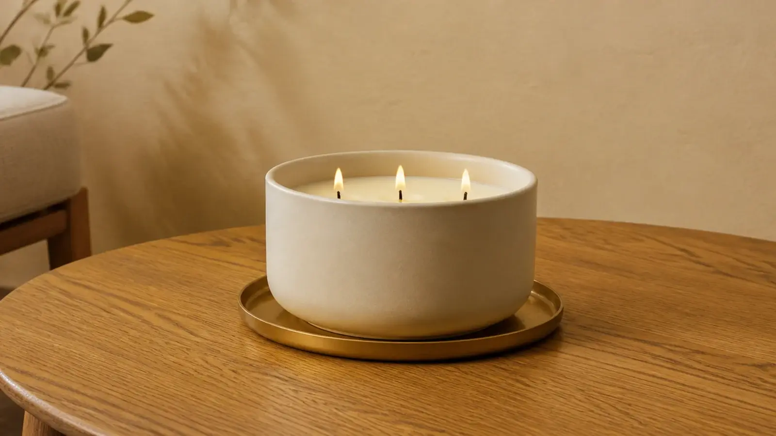 single wide three wick soy candle centered on a coffee table tray