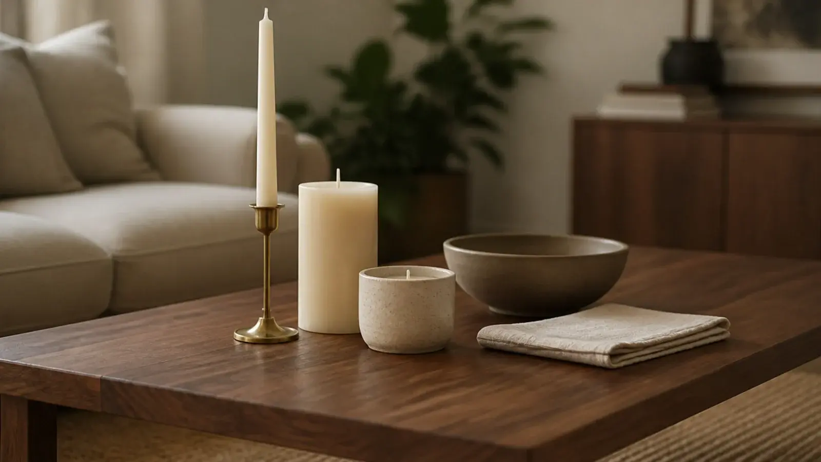 five candle objects grouped at three heights on a low living room table