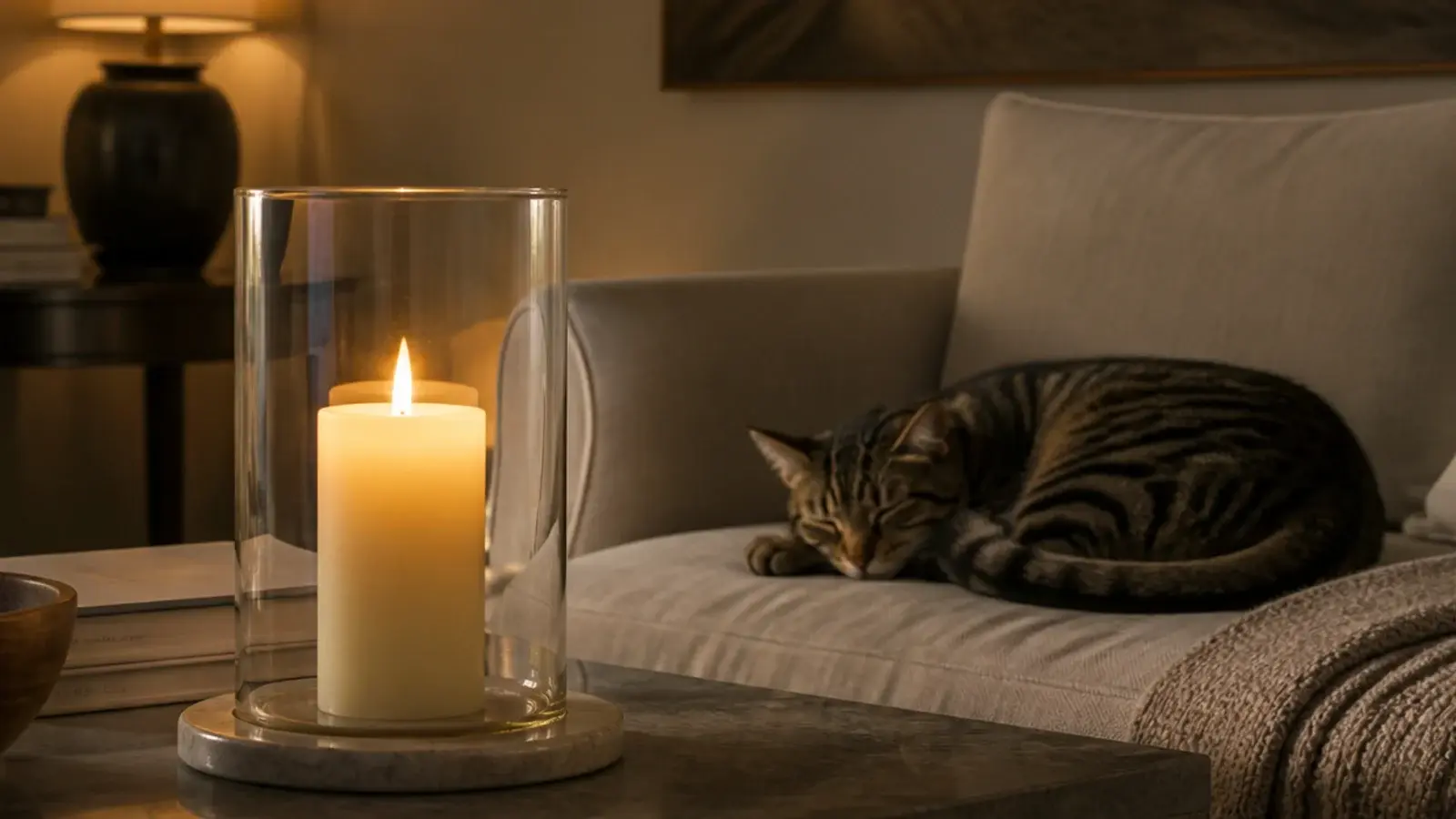 glass hurricane cylinder shielding a candle flame on a pet friendly table