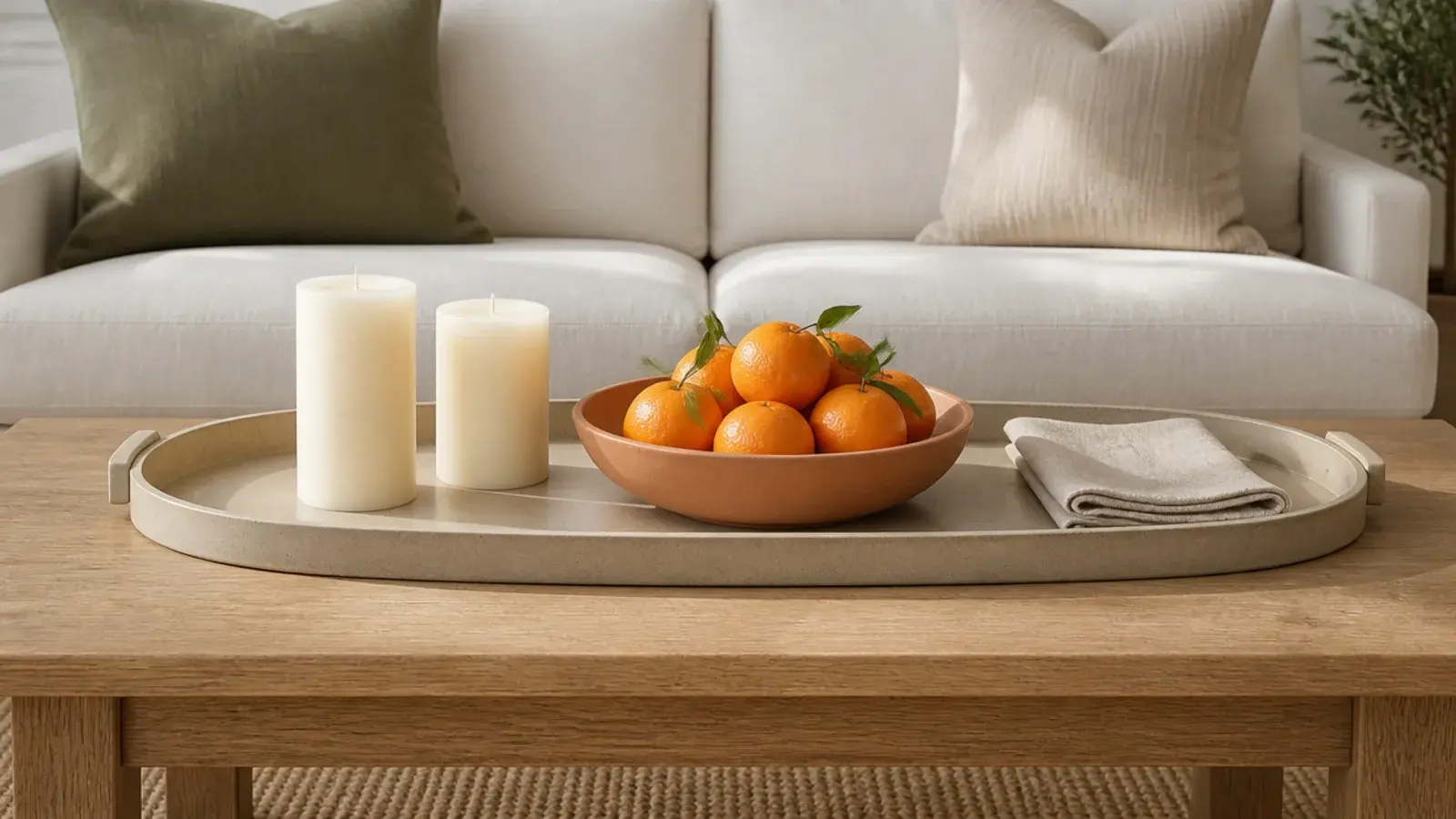 unscented ivory candles beside a bowl of citrus on a coffee table tray