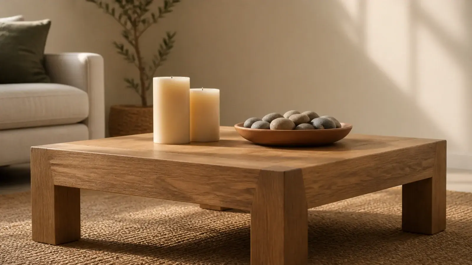 candles paired with a round terracotta bowl on a square coffee table
