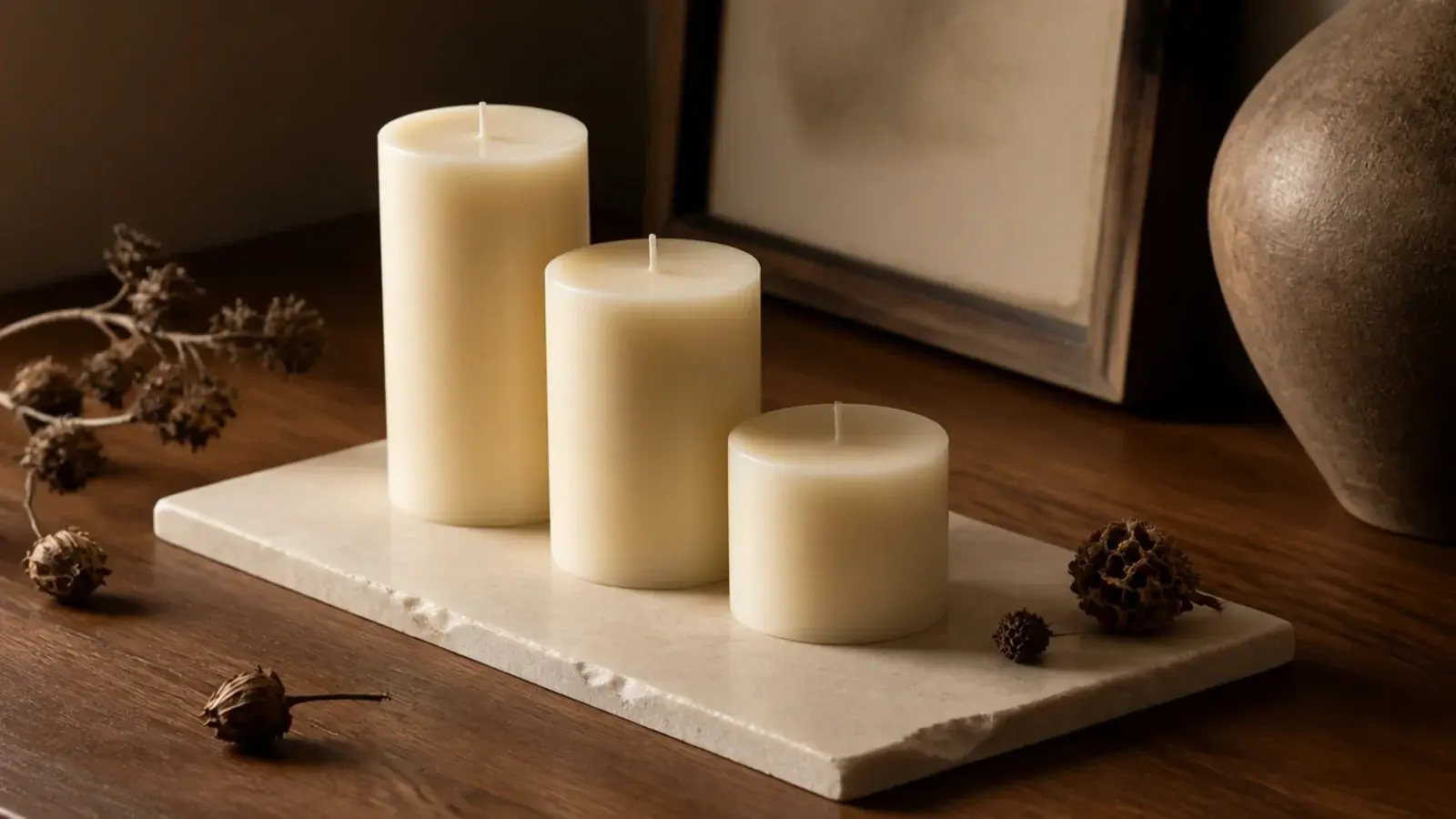 three pillar candles standing together on a rectangular pale stone slab
