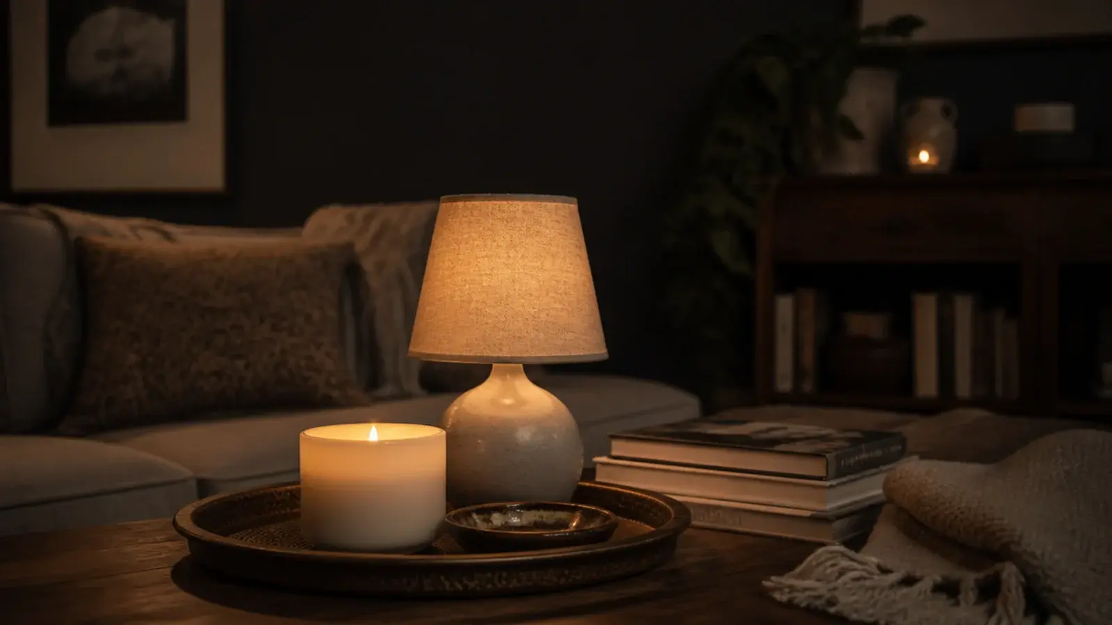 single candle glowing beside a small warm table lamp in a dim room