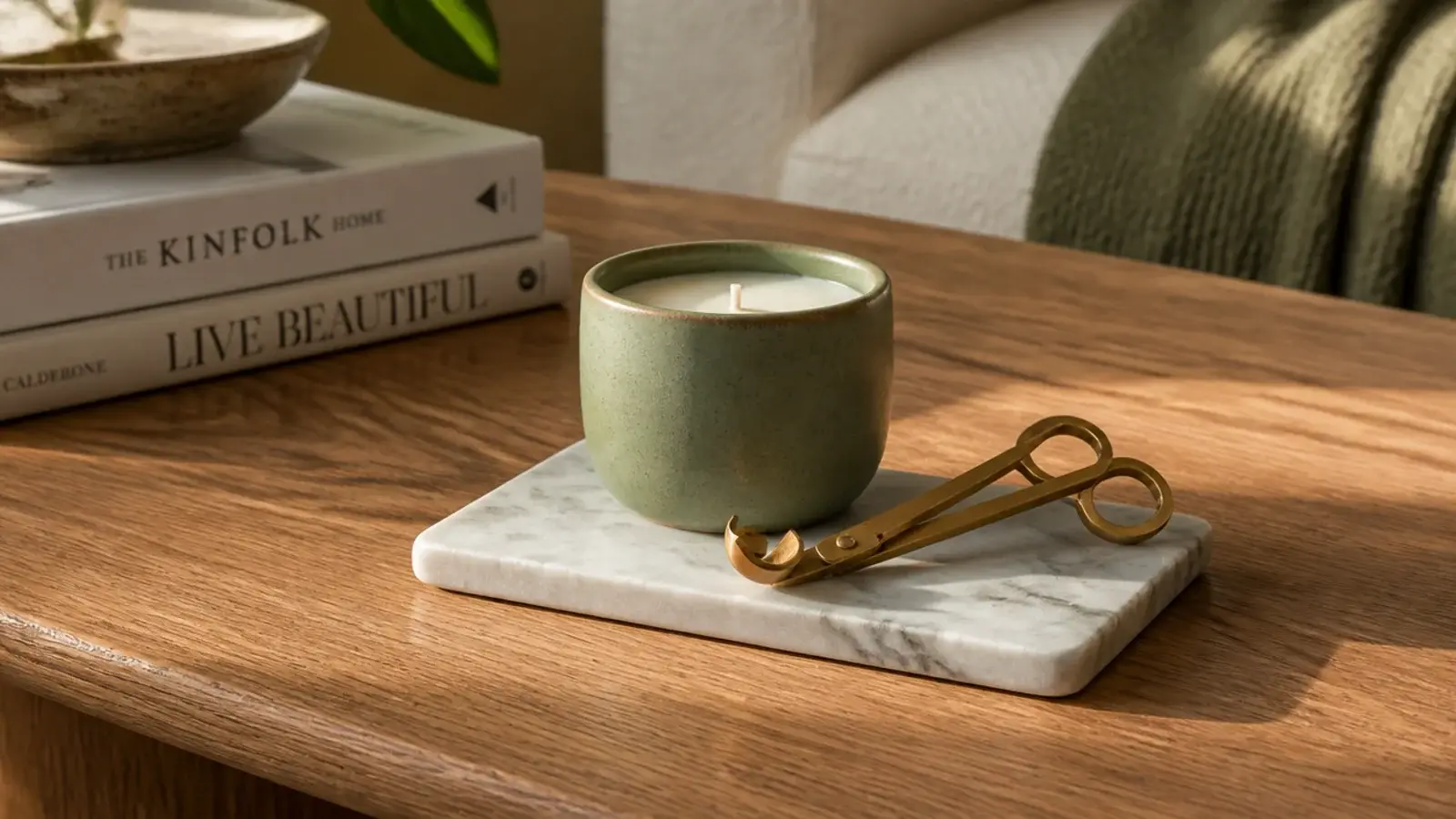 marble offcut used as a heat proof base under a stoneware candle