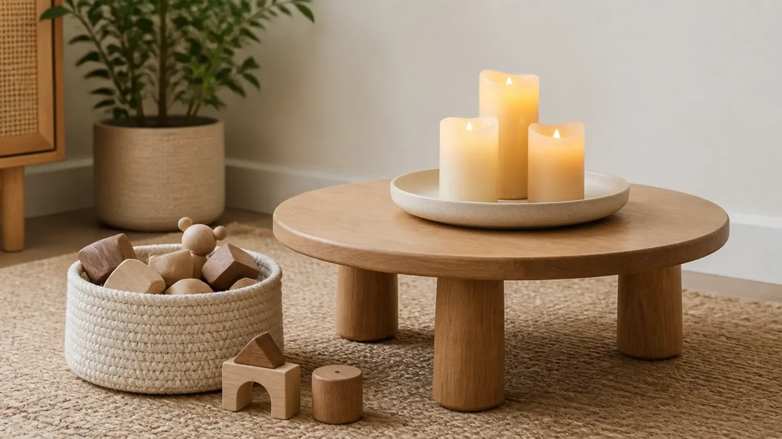 flameless wax candles on a low table in a room with toys nearby