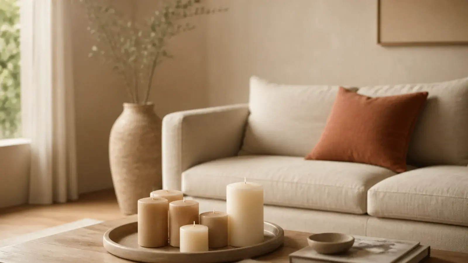 cream and sand candles matched to the neutral tones of a living room