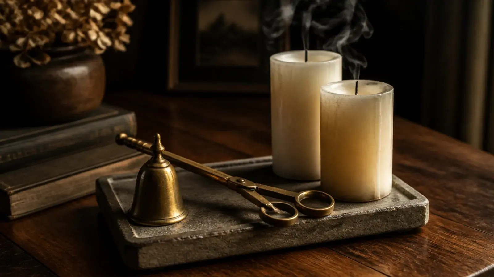 brass candle snuffer resting on a tray beside two extinguished candles
