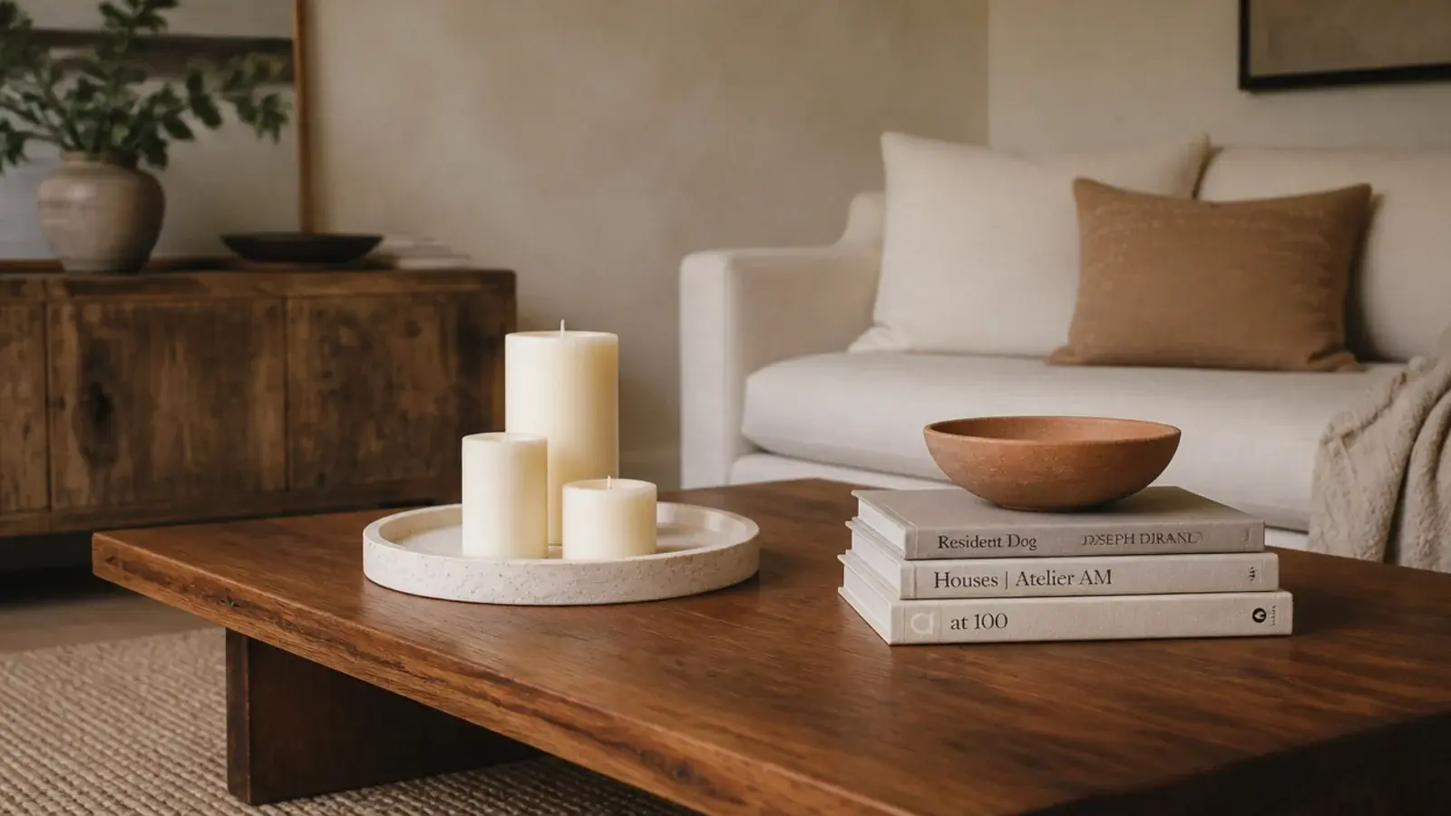 styled candle decor for coffee table with three pillars on a stone tray
