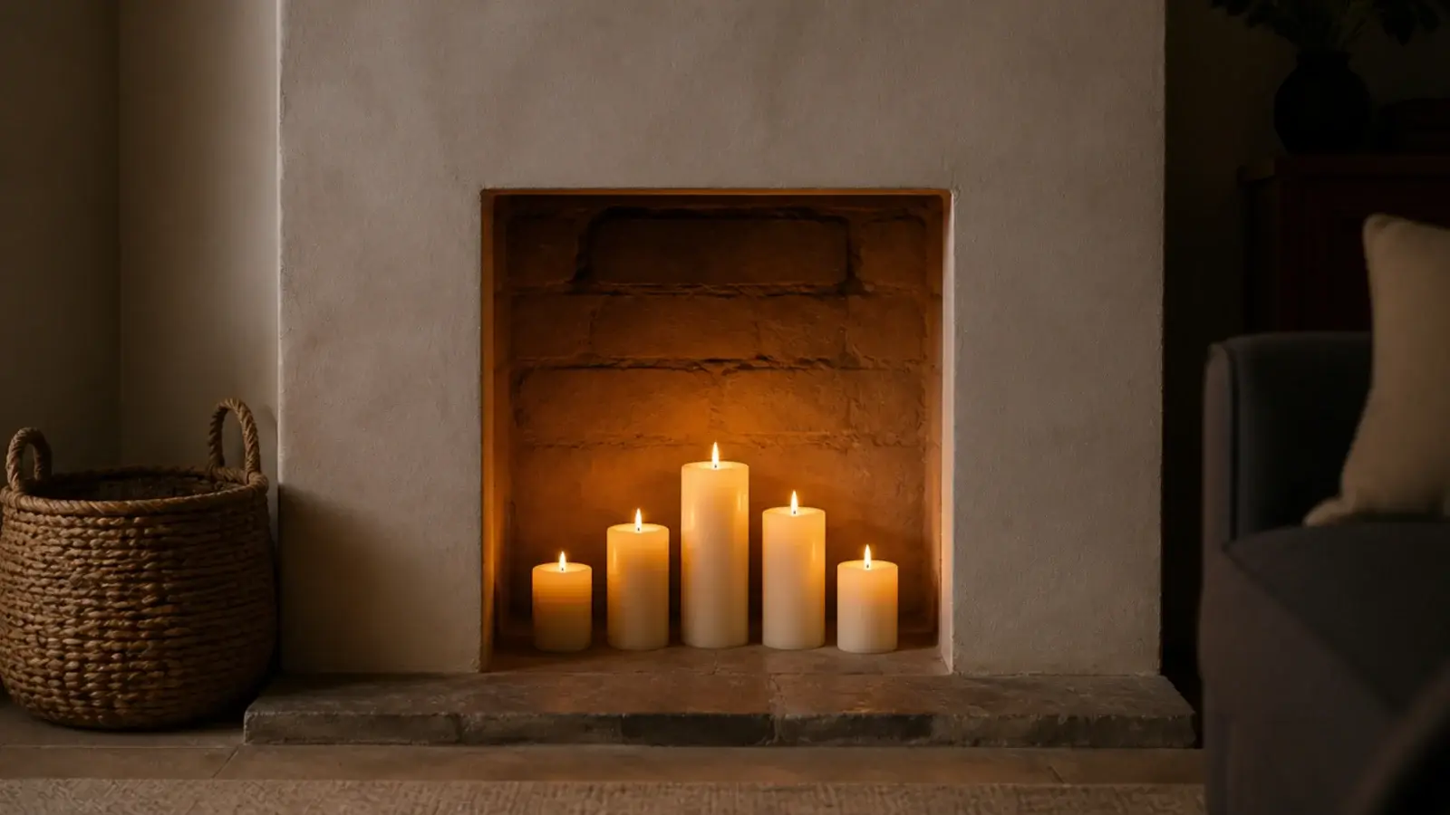 pillar candles arranged on the stone hearth inside an unused fireplace