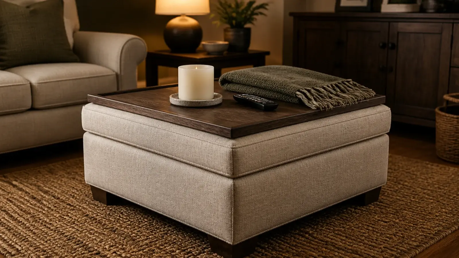 stone tray with a low candle and remote resting on a linen ottoman