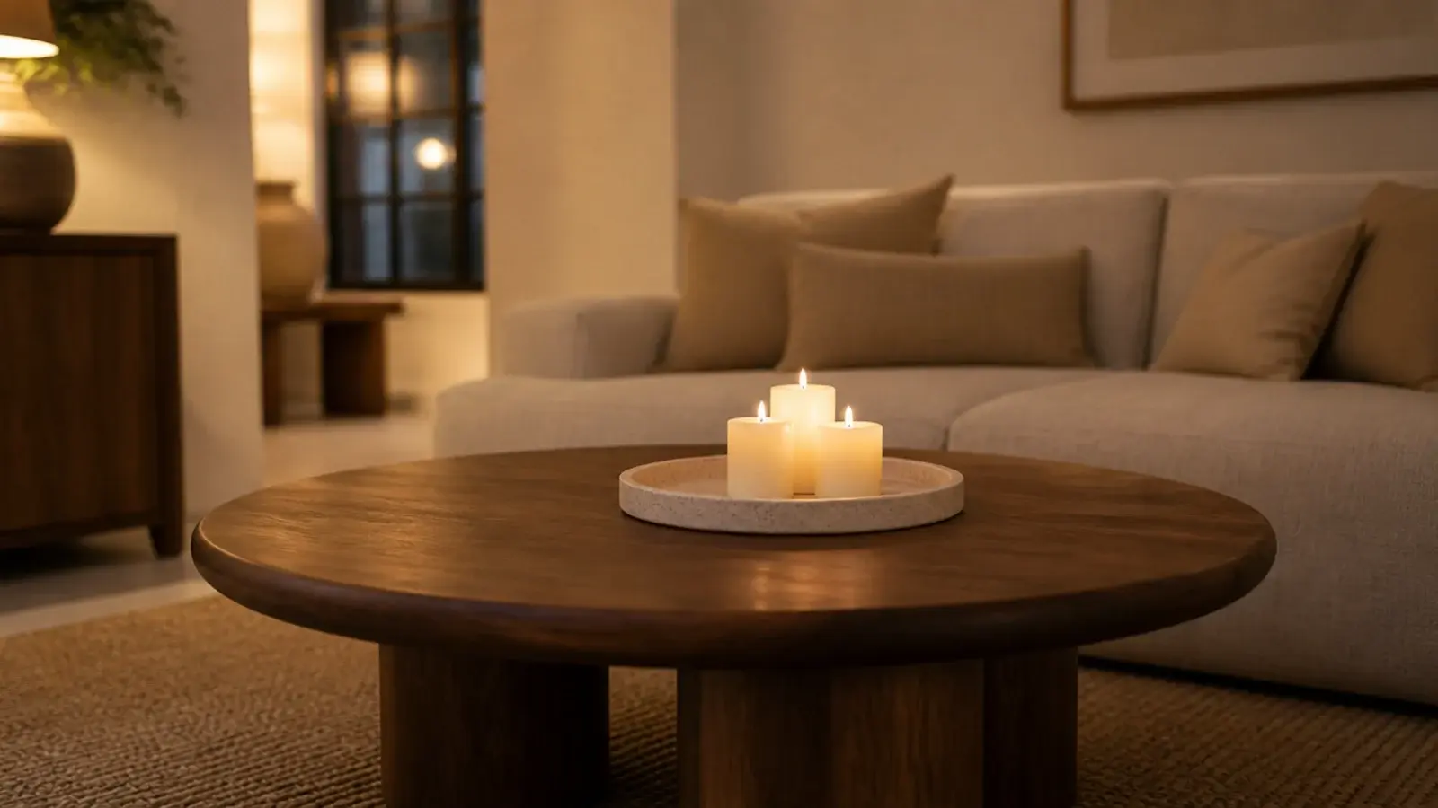 small living room candle grouping glowing on a stone tray beside linen sofa