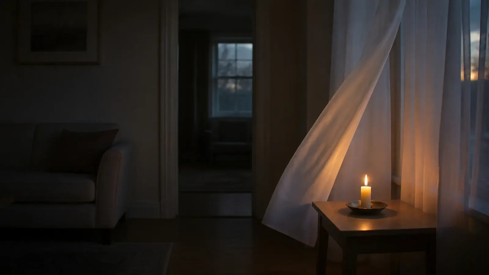 lit candle burning alone in an empty room beside a moving linen curtain