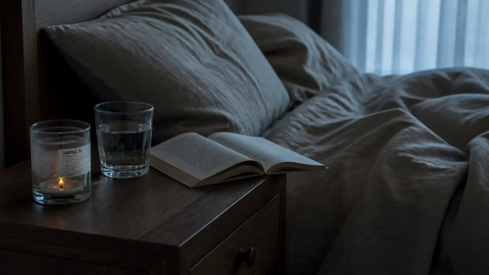 nightstand candle burning low beside a book and rumpled linen bedding