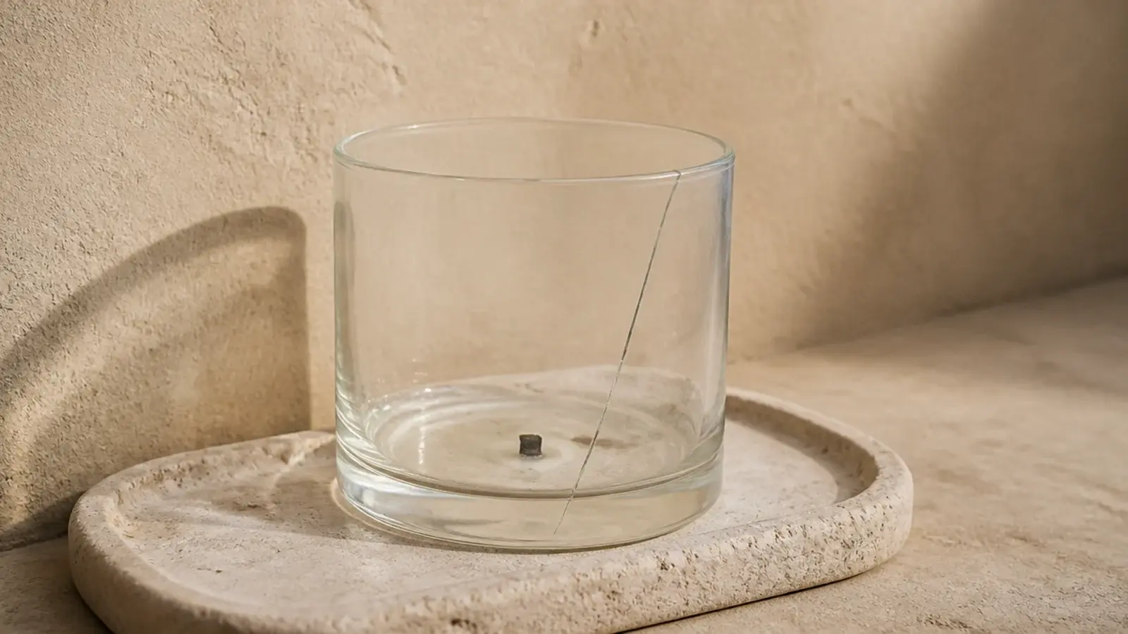 cracked glass candle jar with only a thin film of wax remaining