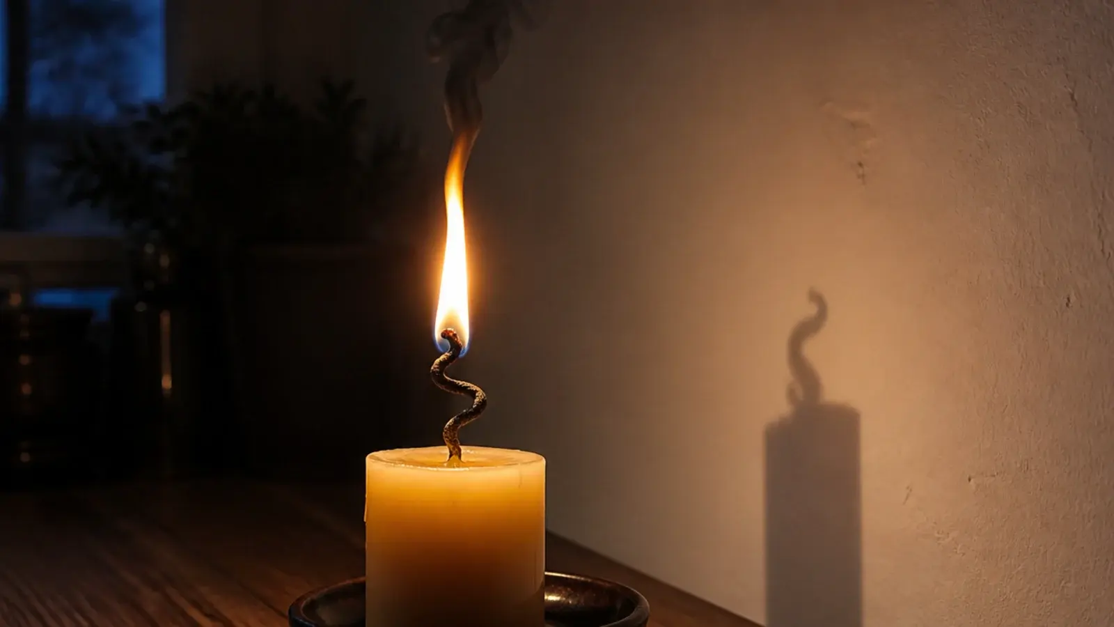 tall smoking flame on an untrimmed wick marking the wall above